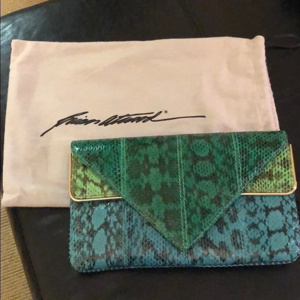 Brian Atwood Green and Teal Snakeskin Envelope Clutch